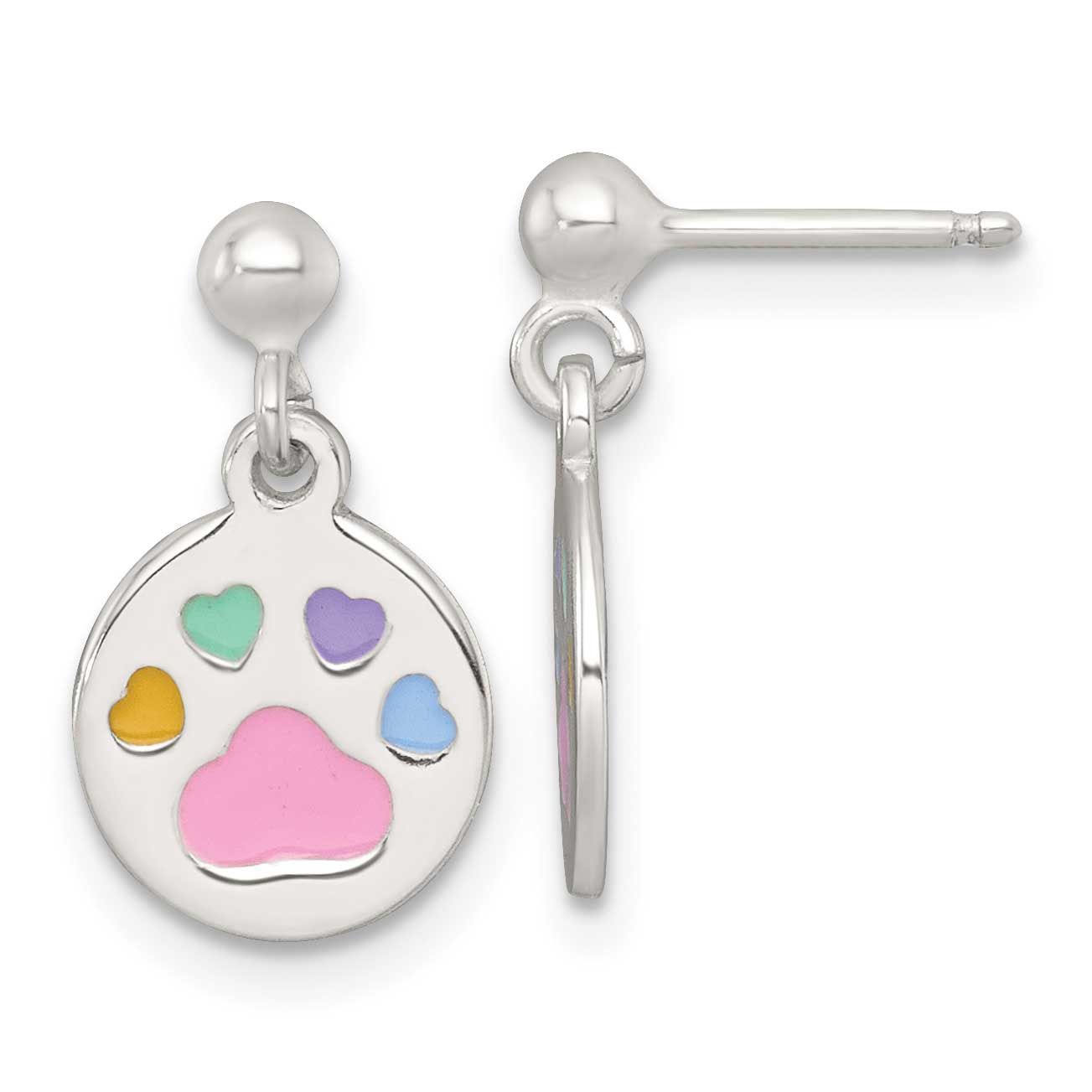 Enamel Multicolor Pawprint Children&#39;s Post Dangle Earrings Sterling Silver QE18315