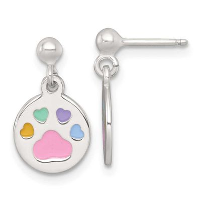 Enamel Multicolor Pawprint Children&#39;s Post Dangle Earrings Sterling Silver QE18315