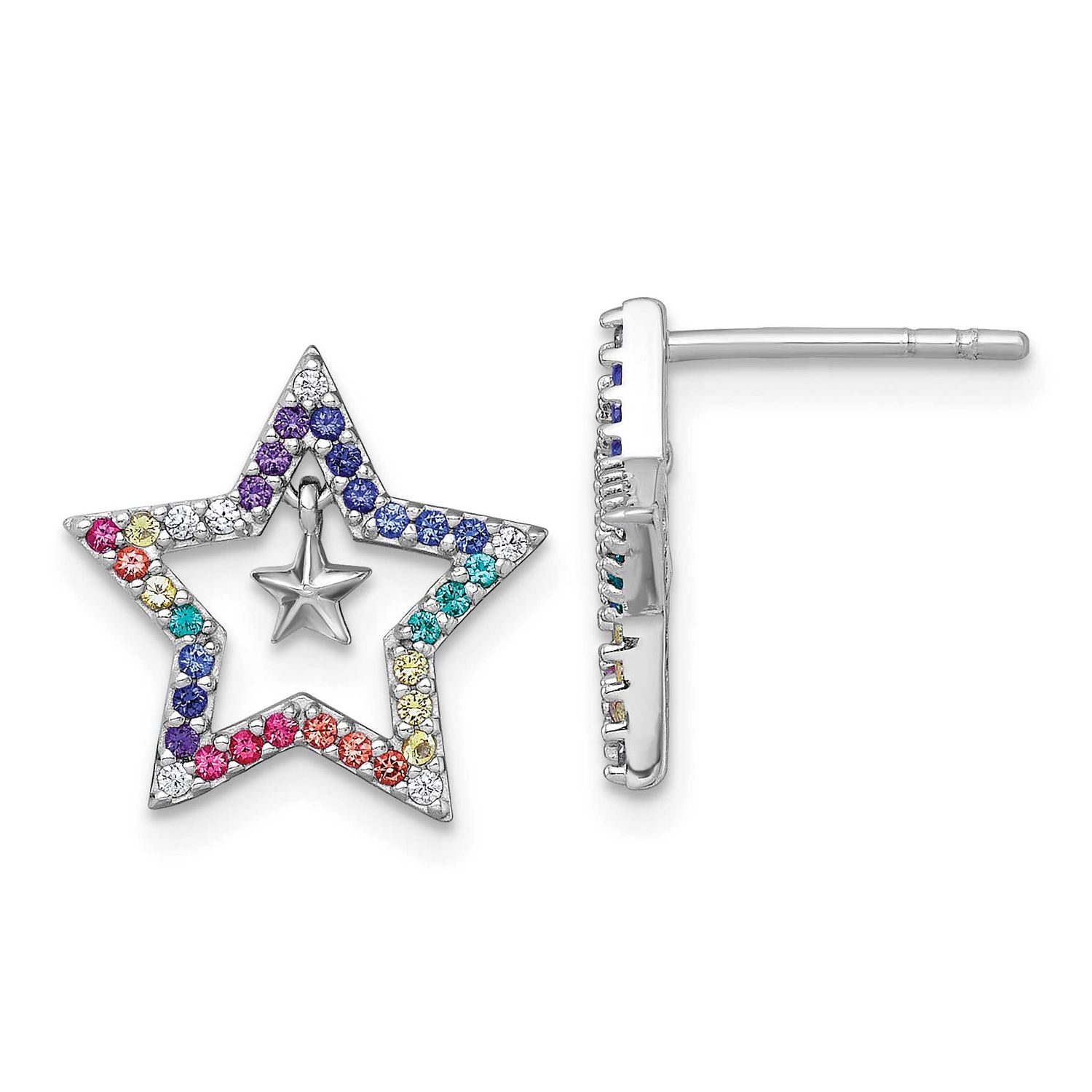 Color Nano Crystals Star with Mini Star Children&#39;s Post Earrings Sterling Silver Rhodium-plated QE1…