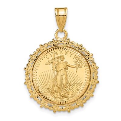 Fancy Diamond-Cut Mounted 1/10Oz American Eagle Coin Bezel Pendant 14k Gold C8188/16.5C