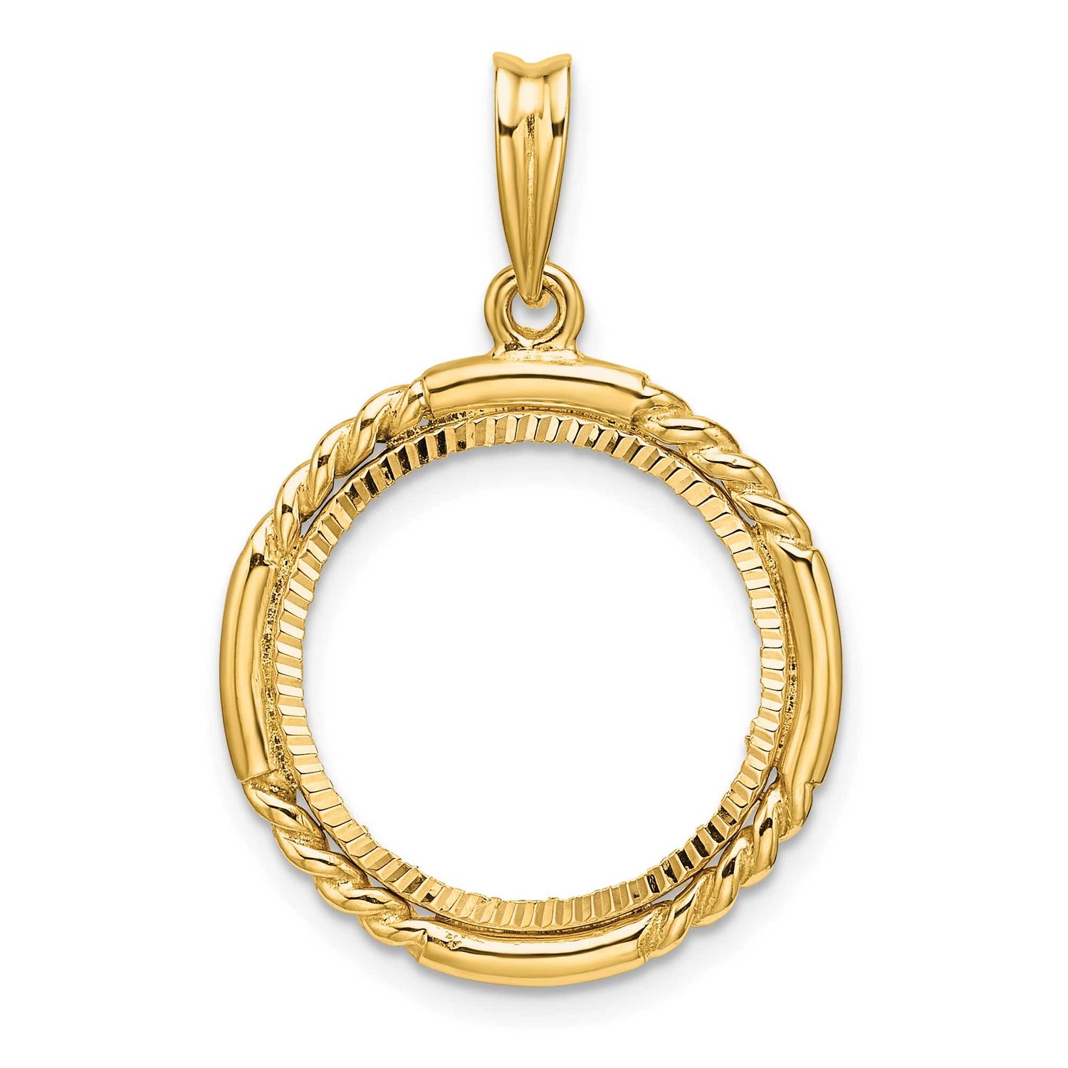 Quadruple Twist and Diamond-Cut 16.5mm Prong Coin Bezel Pendant 14k Gold Polished C1013D/16.5