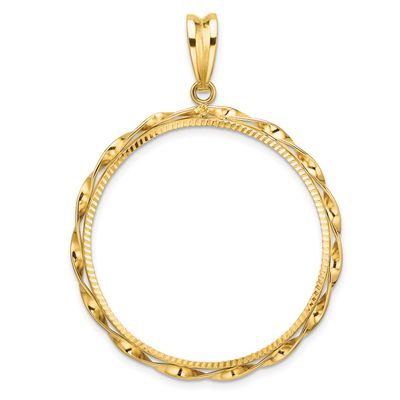 Hand Twisted Ribbon and Diamond-Cut 32.7mm Prong Coin Bezel Pendant 14k Gold Polished C3996D/32.7