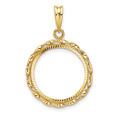 Hand Twisted Ribbon and Diamond-Cut 17.8mm Prong Coin Bezel Pendant 14k Gold Polished C3996D/17.8