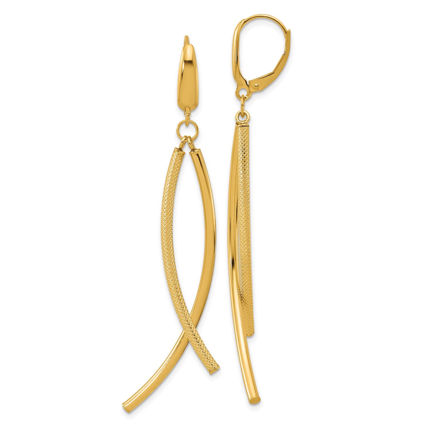 Tube Dangle Leverback Earrings 14k Gold Polished and Textured LE2755 196904338780