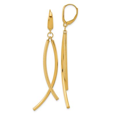 Tube Dangle Leverback Earrings 14k Gold Polished and Textured LE2755 196904338780