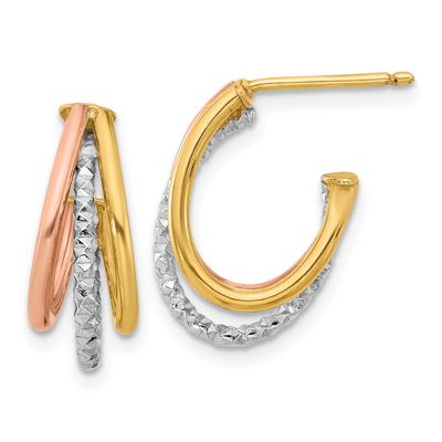 White Rhodium and Rose Gold Plating Textured 3 Row Post J-Hoop Earrings 14k Gold LE2599 196904342299