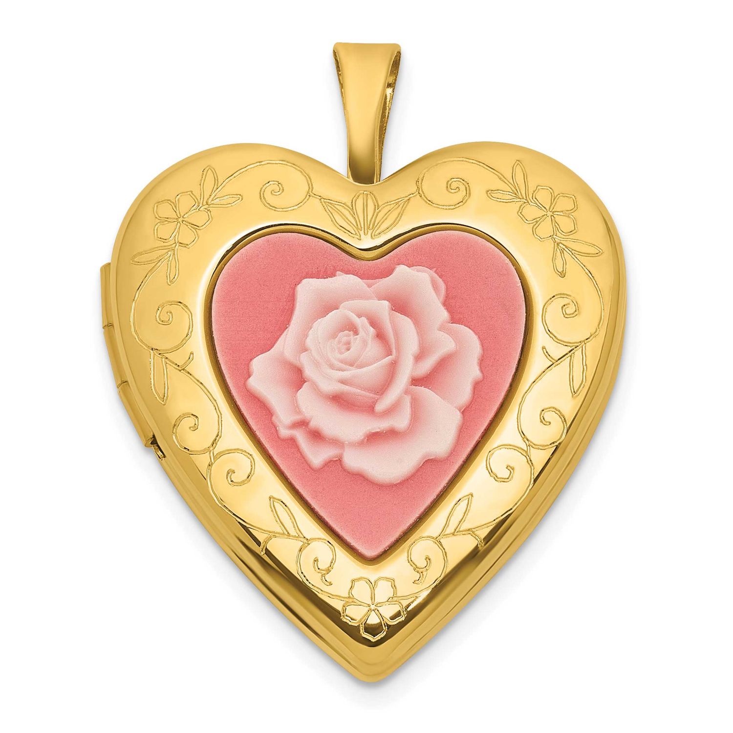 Gold-Plated Brushed / Polished Pink Flower Resin Cameo 20mm Heart Locket Sterling Silver QLS781GP