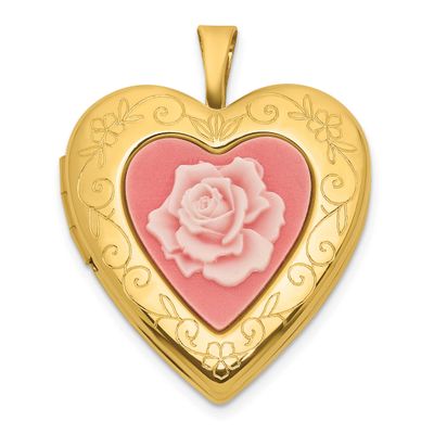 Gold-Plated Brushed / Polished Pink Flower Resin Cameo 20mm Heart Locket Sterling Silver QLS781GP