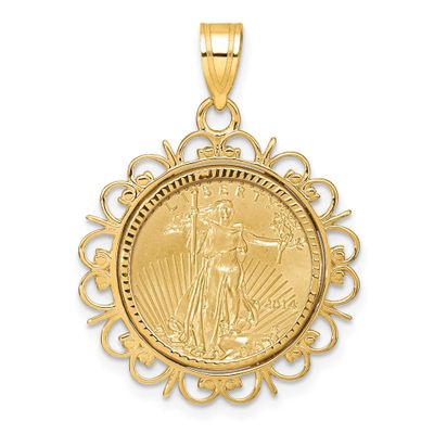 Fancy Diamond-Cut Prong Mounted 1/10Oz American Eagle Coin Bezel Pendant 14k Gold C8198/16.5C