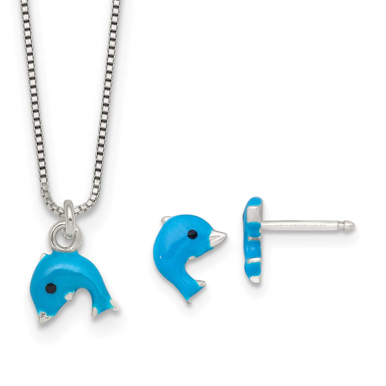 Enameled Dolphin Children&#39;s Post Earrings and Necklace Set Sterling Silver Polished QST296SET