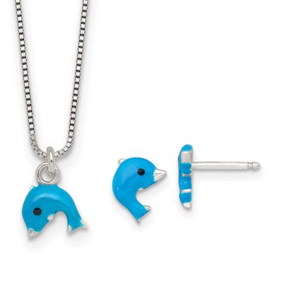 Enameled Dolphin Children&#39;s Post Earrings and Necklace Set Sterling Silver Polished QST296SET