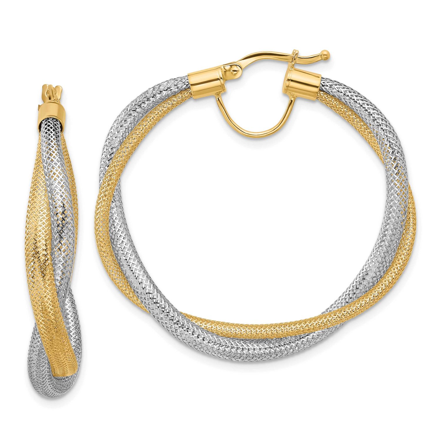 Braided Mesh Stretch Hoop Earrings 14k Gold with Rhodium LE2570 196904171332