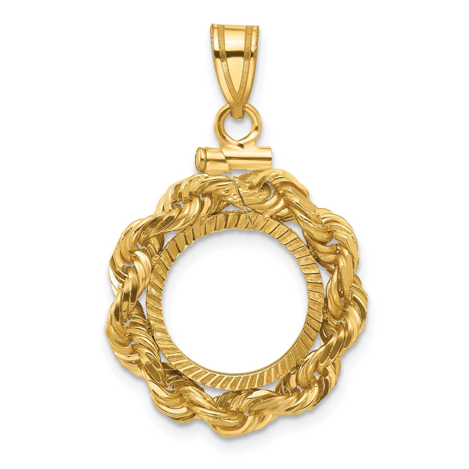 Rope and Diamond-Cut 13.0mm x 1.1mm Screw Top Coin Bezel Pendant 14k Gold Polished C3275D/13.0