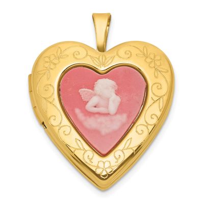 Gold-Plated Brushed / Polished Pink Angel Resin Cameo 20mm Heart Locket Sterling Silver QLS1204GP