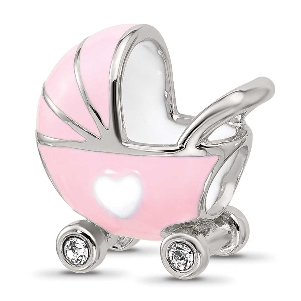 Enamel Baby Carriage with Crystal Bead Sterling Silver QRS4565 196904279250