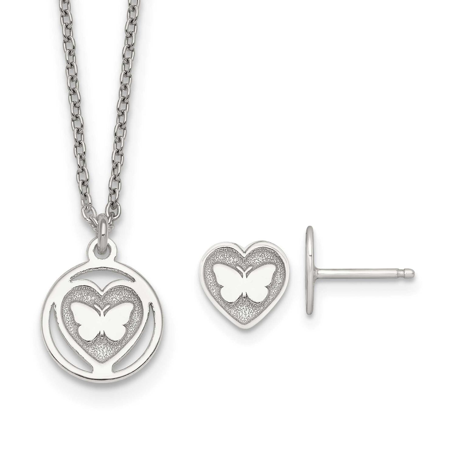 Butterfly Heart Children&#39;s Post Earring and Necklace Set Sterling Silver QST297SET