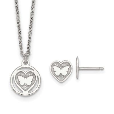 Butterfly Heart Children&#39;s Post Earring and Necklace Set Sterling Silver QST297SET