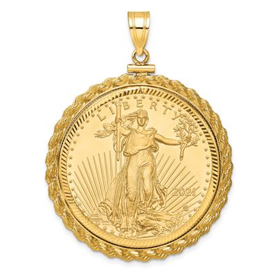 Diamond-Cut Casted Rope Screw Top Mounted 1Oz American Eagle Coin Bezel Pendant 14k Gold C8196/32.7C