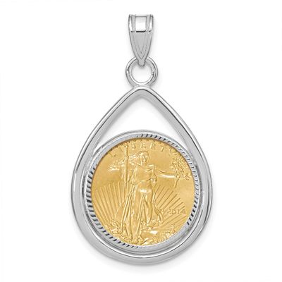 Polished &amp; Diamond-Cut Tear Drop Prong Mounted 1/10Oz American Eagle Coin Bezel Pendant 14k White G…