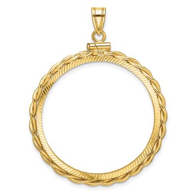 Twisted Wire and Diamond-Cut 32.0mm x 2.85mm Screw Top Coin Bezel Pendant 14k Gold Polished C2271D/…