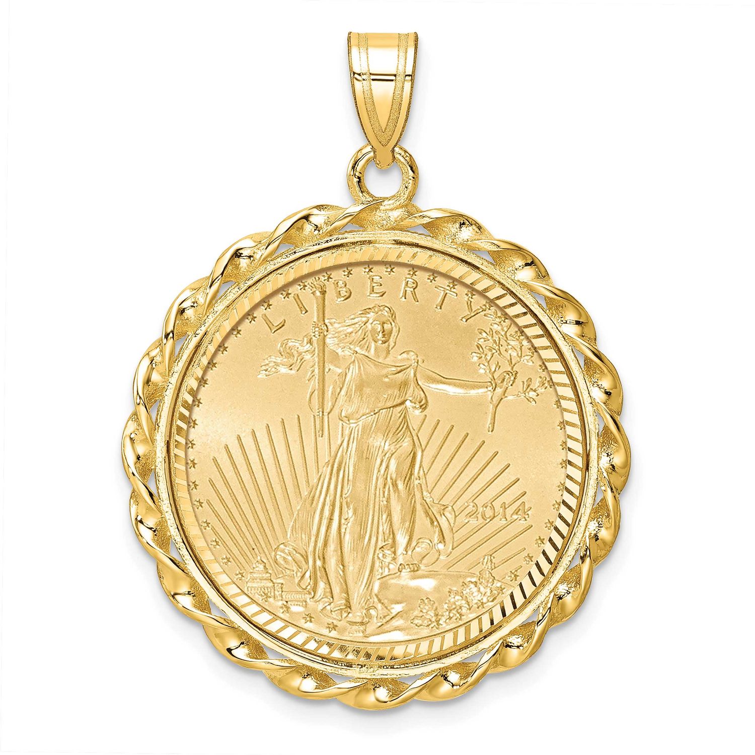 Diamond-Cut &amp; Twisted Wire Prong Mounted 1/4Oz American Eagle Coin Bezel Pendant 14k Gold C8181/22.…