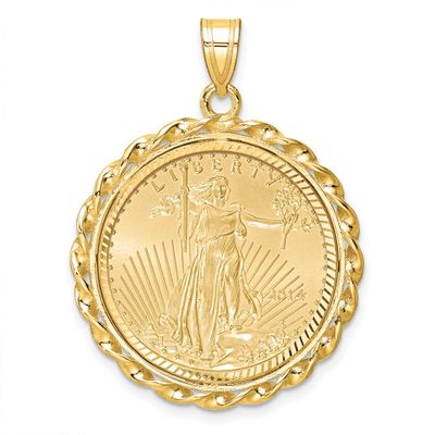 Diamond-Cut &amp; Twisted Wire Prong Mounted 1/4Oz American Eagle Coin Bezel Pendant 14k Gold C8181/22.…