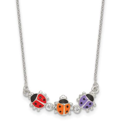 CZ and Enameled Multicolor Lady Bugs Children&#39;s Necklace Sterling Silver QG7272-14