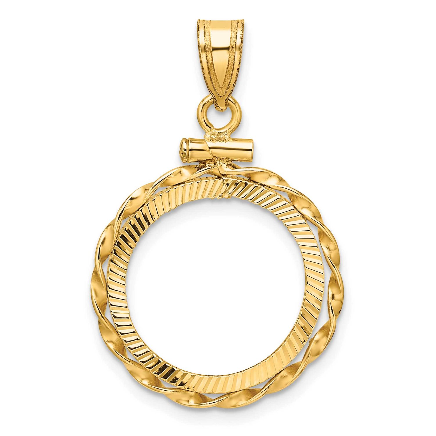 Hand Twisted Ribbon and Diamond-Cut 16.5mm x 1.35mm Screw Top Coin Bezel Pendant 14k Gold Polished …