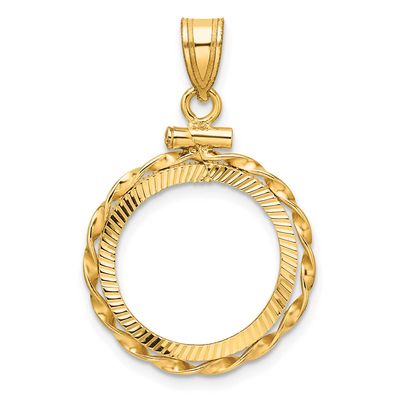 Hand Twisted Ribbon and Diamond-Cut 16.5mm x 1.35mm Screw Top Coin Bezel Pendant 14k Gold Polished …