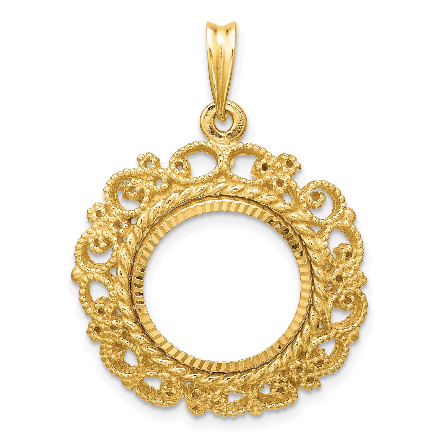 Textured and Diamond-Cut Victorian 15.0mm Prong Coin Bezel Pendant 14k Gold Polished C2819D/15.0