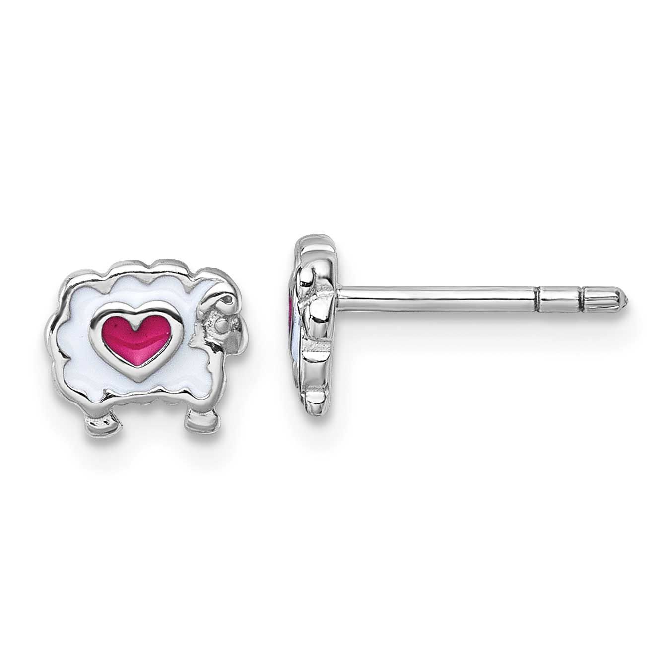 Children&#39;s White and Pink Enamel Sheep with Heart Post Earrings Sterling Silver Rhodium-plated QE18…
