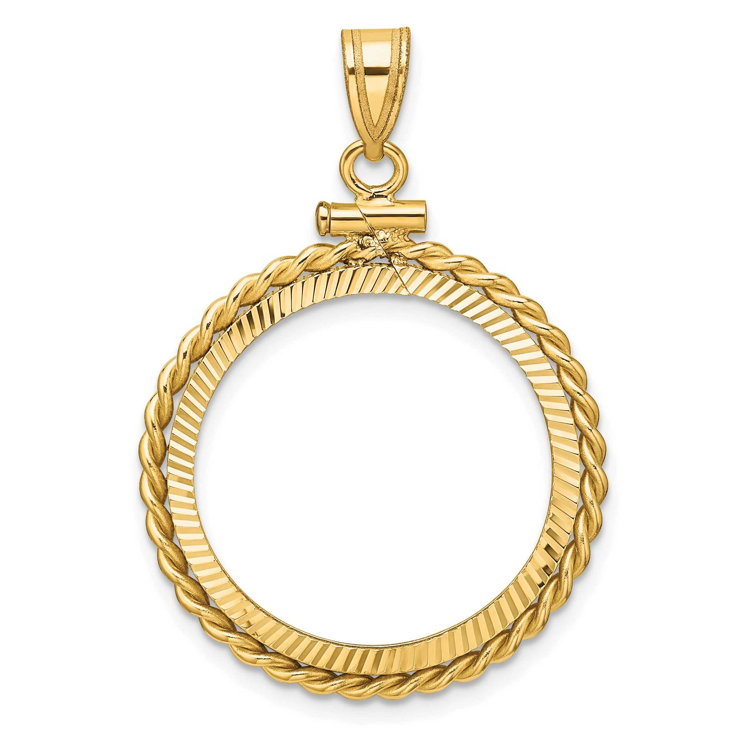 Twisted Wire and Diamond-Cut 21.6mm x 1.7mm Screw Top Coin Bezel Pendant 14k Gold Polished C2271D/2…