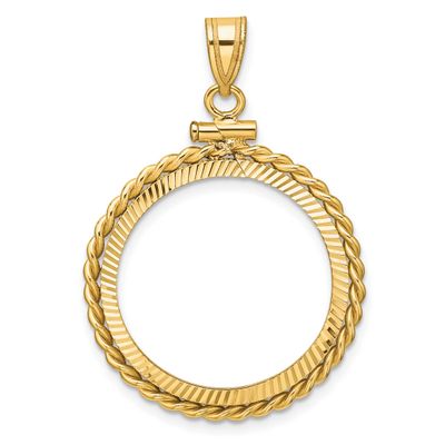 Twisted Wire and Diamond-Cut 21.6mm x 1.7mm Screw Top Coin Bezel Pendant 14k Gold Polished C2271D/2…