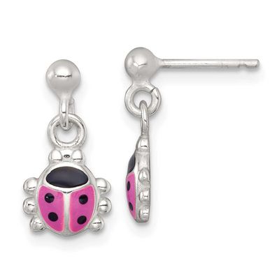 Enameled Lady Bug Children&#39;s Post Dangle Earrings Sterling Silver Polished QE18271