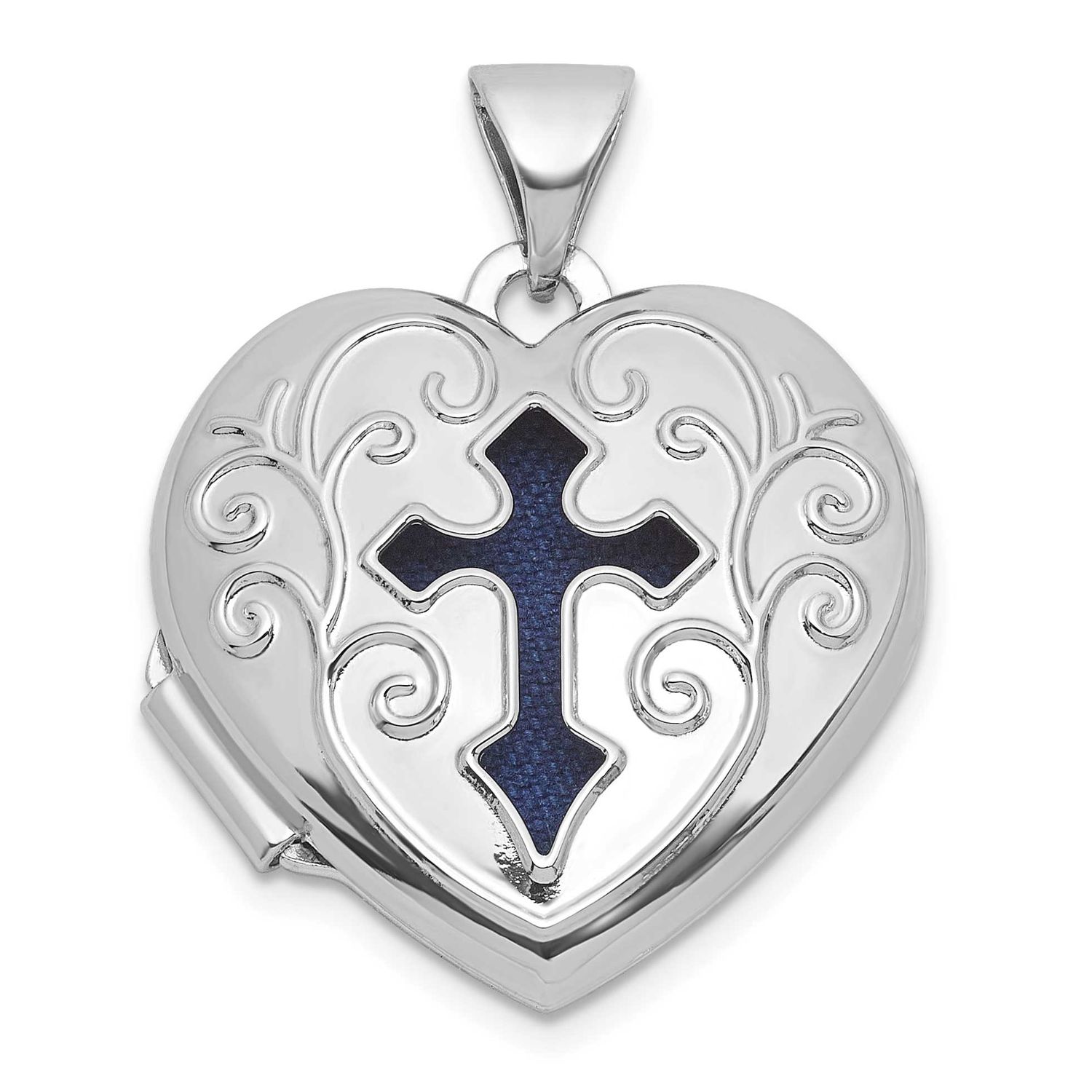Blue Fabric Open Cross 18mm Heart Locket Sterling Silver Rhodium-plated QLS1202