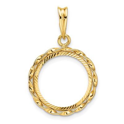 Hand Twisted Ribbon and Diamond-Cut 15.0mm Prong Coin Bezel Pendant 14k Gold Polished C3996D/15.0