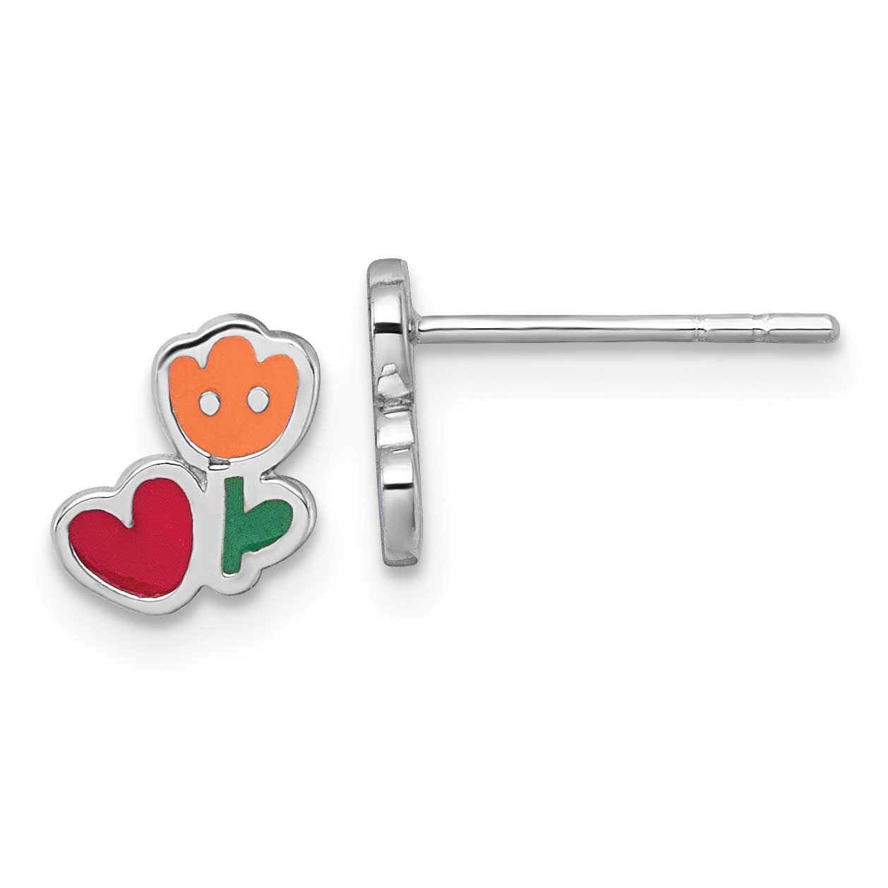 Enamel Flower Heart Children&#39;s Post Earrings Sterling Silver Rhodium-plated QE18270