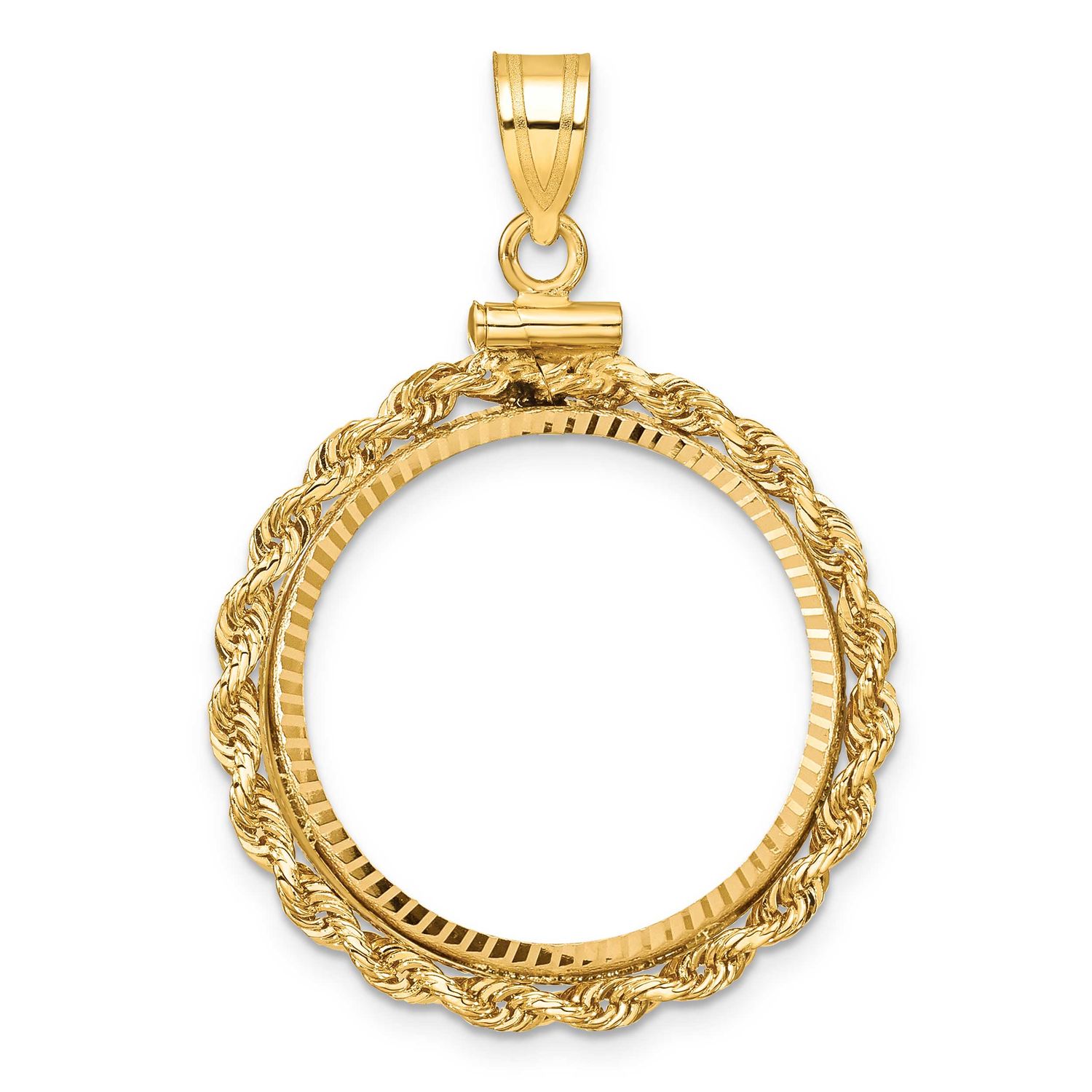 Rope and Diamond-Cut 22.0mm x 1.9mm Screw Top Coin Bezel Pendant 10k Gold Polished 10C1215D/22.0