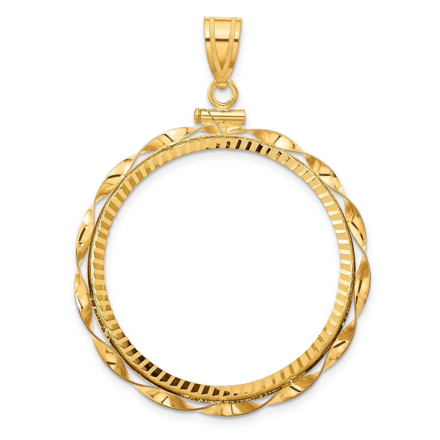 Hand Twisted Ribbon and Diamond-Cut 32.7mm x 3.00mm Screw Top Coin Bezel Pendant 14k Gold Polished …