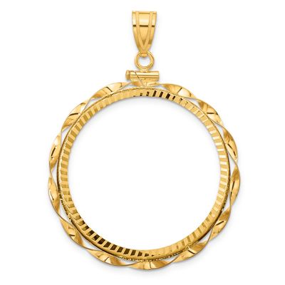 Hand Twisted Ribbon and Diamond-Cut 32.7mm x 3.00mm Screw Top Coin Bezel Pendant 14k Gold Polished …