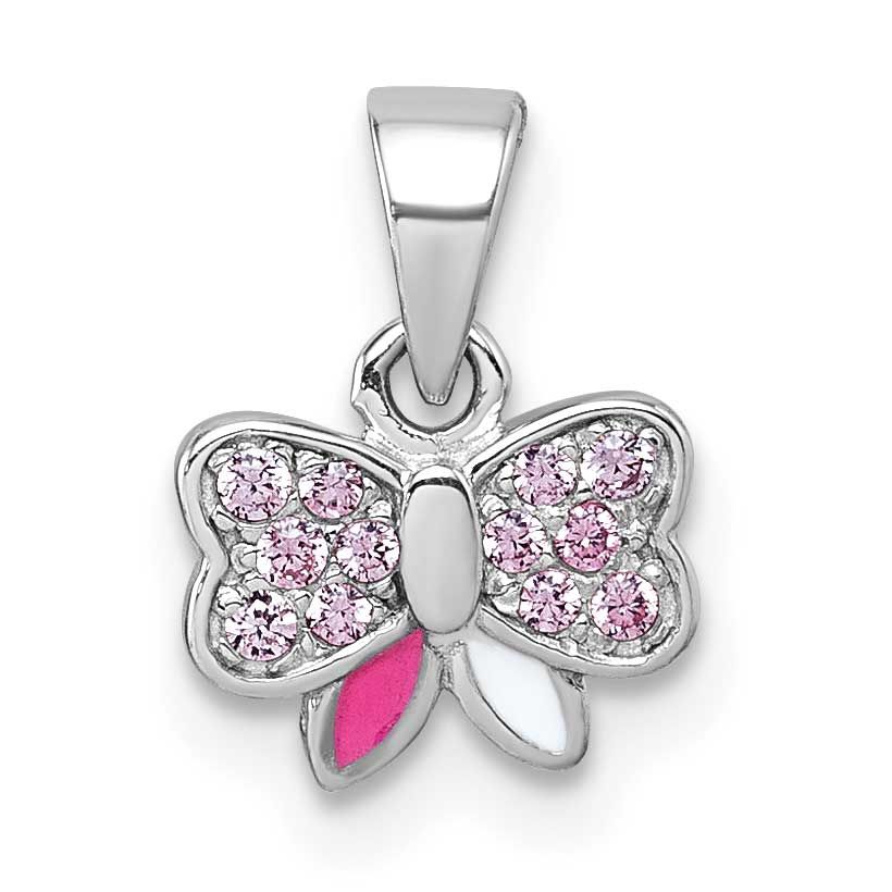 Children&#39;s Pink CZ with Pink and White Enamel Bow Pendant Sterling Silver Rhodium-plated QP5973