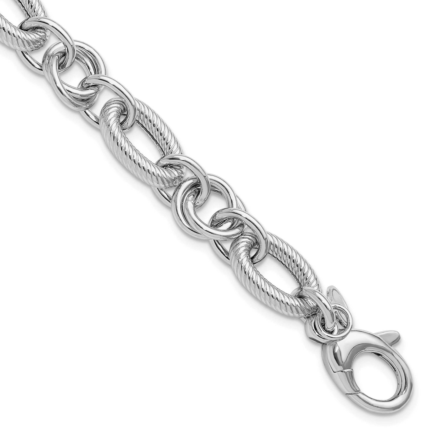 Polished/Textured Fancy Link with .25 Inch Extender Bracelet Sterling Silver Rhodium-plated QLF1381…