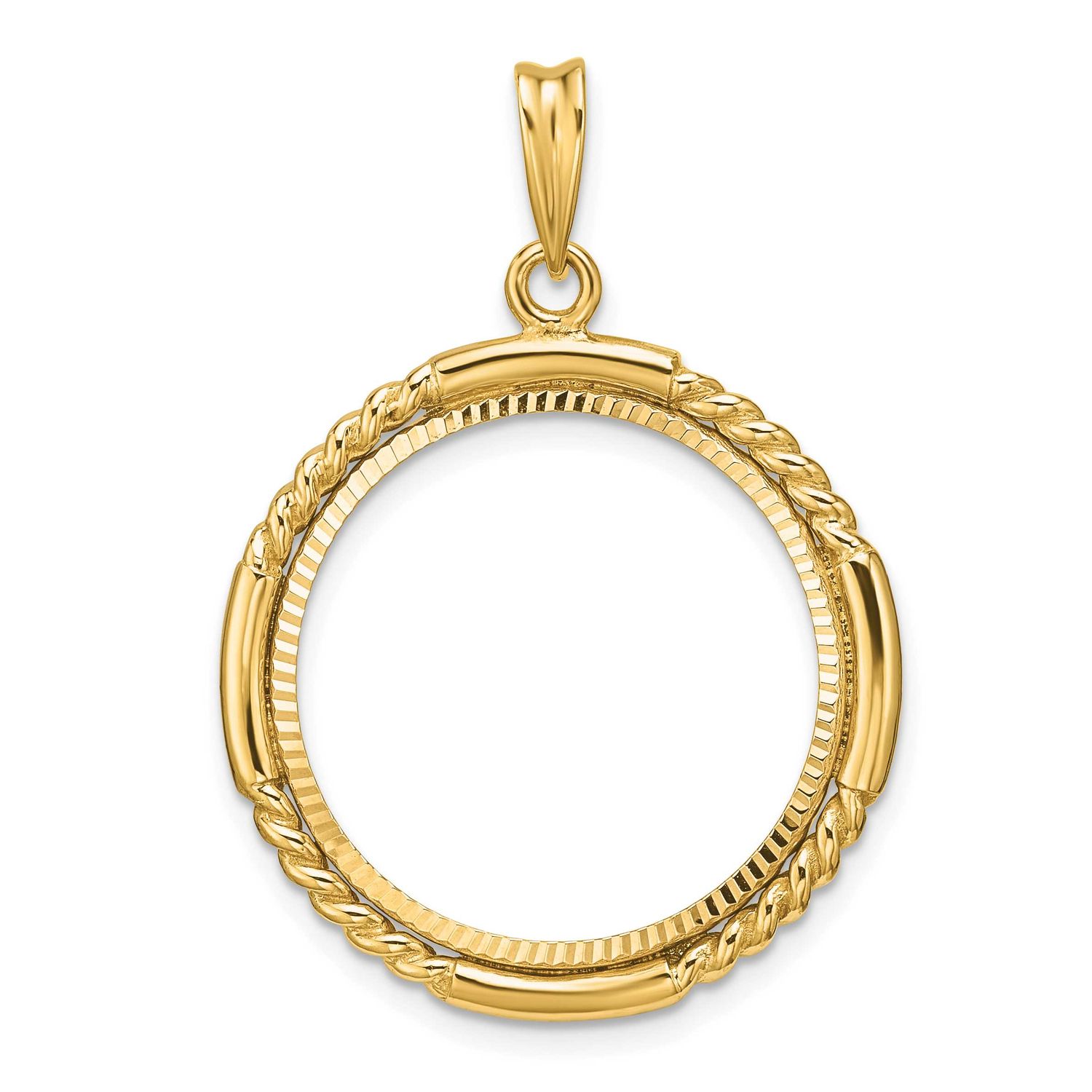 Quadruple Twist and Diamond-Cut 21.6mm Prong Coin Bezel Pendant 14k Gold Polished C1013D/21.6