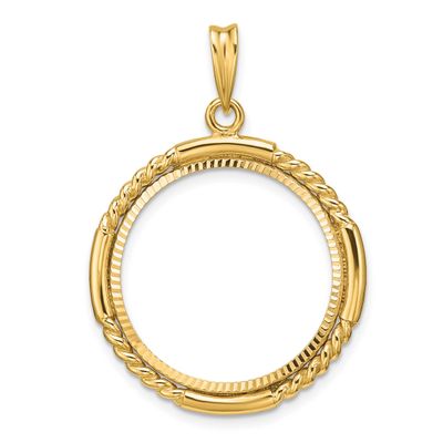 Quadruple Twist and Diamond-Cut 21.6mm Prong Coin Bezel Pendant 14k Gold Polished C1013D/21.6