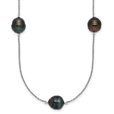 9-10mm Black Baroque Tahitian Saltwater Cultured Pearl 5-Station 18 Inch Necklace Sterling Silver R…