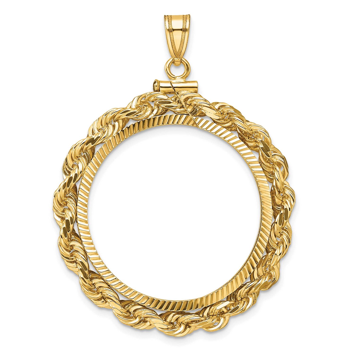 Rope and Diamond-Cut 27.0mm x 2.35mm Screw Top Coin Bezel Pendant 14k Gold Polished C3275D/27.0