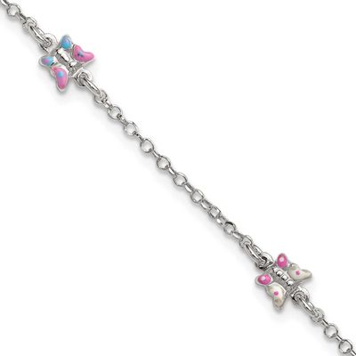 Enamel Butterfly 6 Inch with 1 Inch Extender Children&#39;s Bracelet Sterling Silver Polished QG7254-6