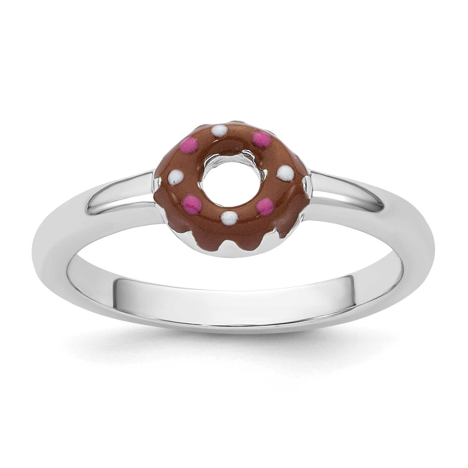 Children&#39;s Size 3 Brown with Pink and White Enamel Sprinkled Donut Ring Sterling Silver Rhodium-pla…