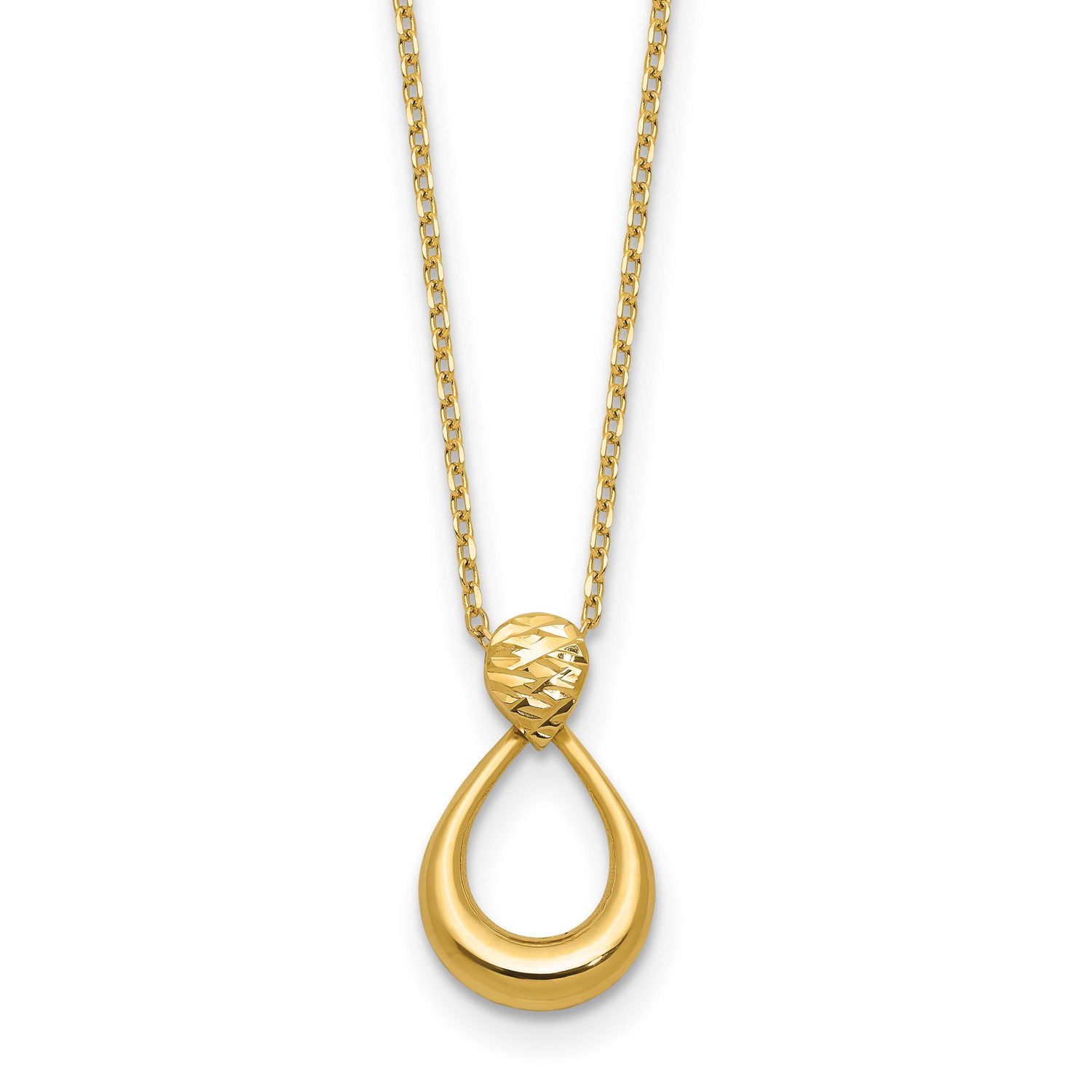 Diamond-Cut Open Teardrop with 2 Inch Extender Necklace 14k Gold Polished LF2163-16