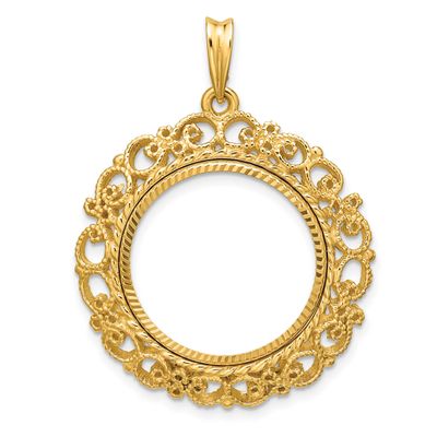 Textured and Diamond-Cut Victorian 19.5mm Prong Coin Bezel Pendant 14k Gold Polished C2819D/19.5